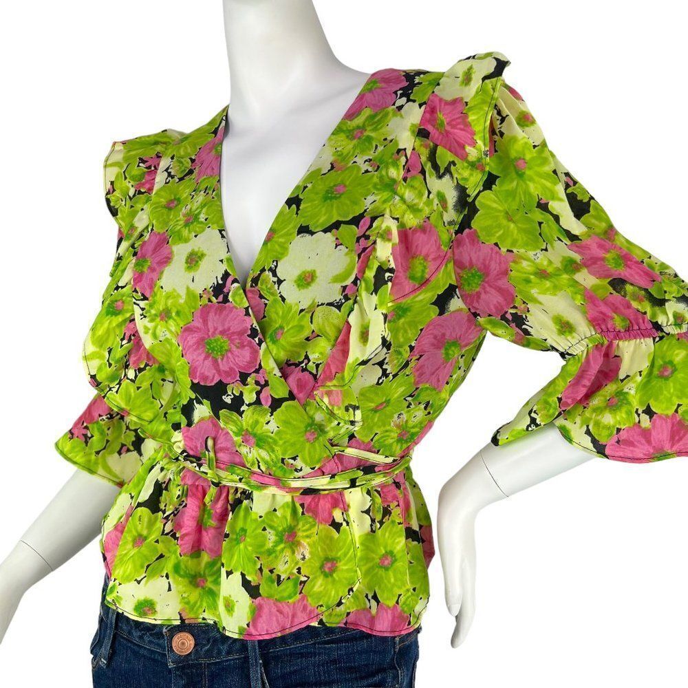WAYF Floral Puff Sleeve Ruffle Wrap Top Pink, Green Floral Print Size Medium